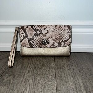 Coach Metallic Gold & Brown Snake-Print Wristlet Clutch